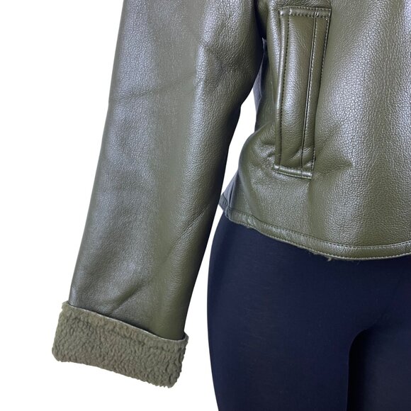 New Look Women's Olive Faux Leather Sherpa-Lined Jacket Warm Size L - New - Picture 6 of 9